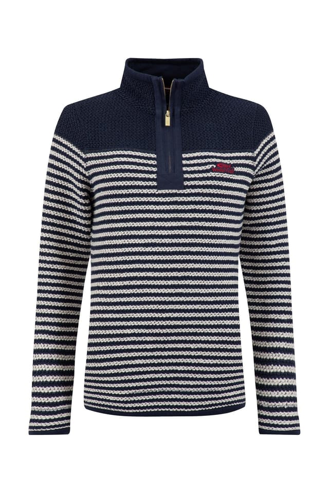 Weird Fish Weird Fish Women's Ember 1/4 Zip Striped Macaroni Sweatshirt Gold Edition in Navy - 2