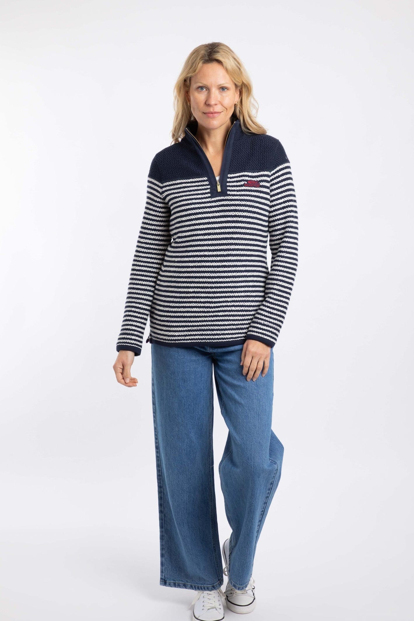 Weird Fish Weird Fish Women's Ember 1/4 Zip Striped Macaroni Sweatshirt Gold Edition in Navy - 4