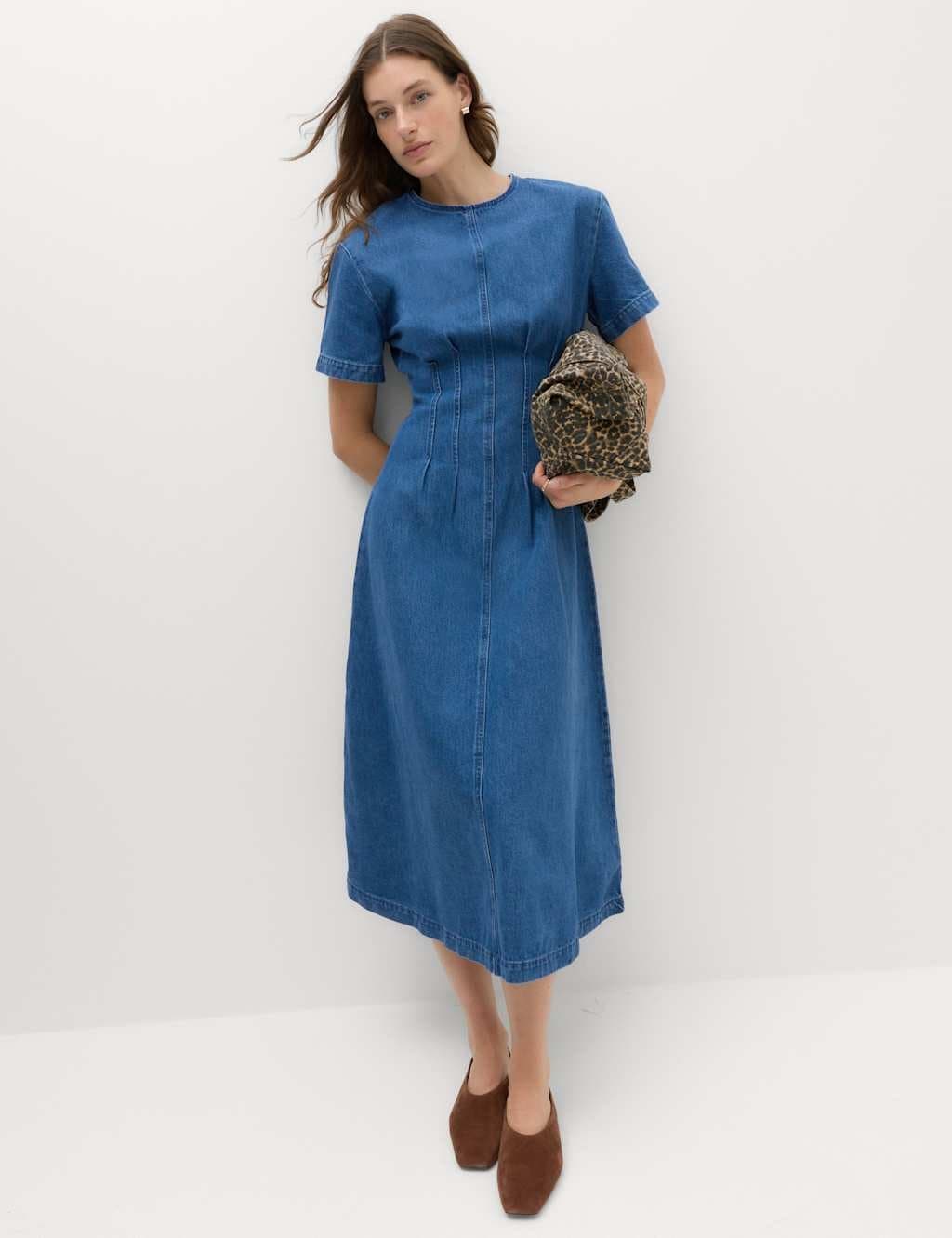Marks & Spencer M&S Denim Pintuck Midi Column Dress Denim