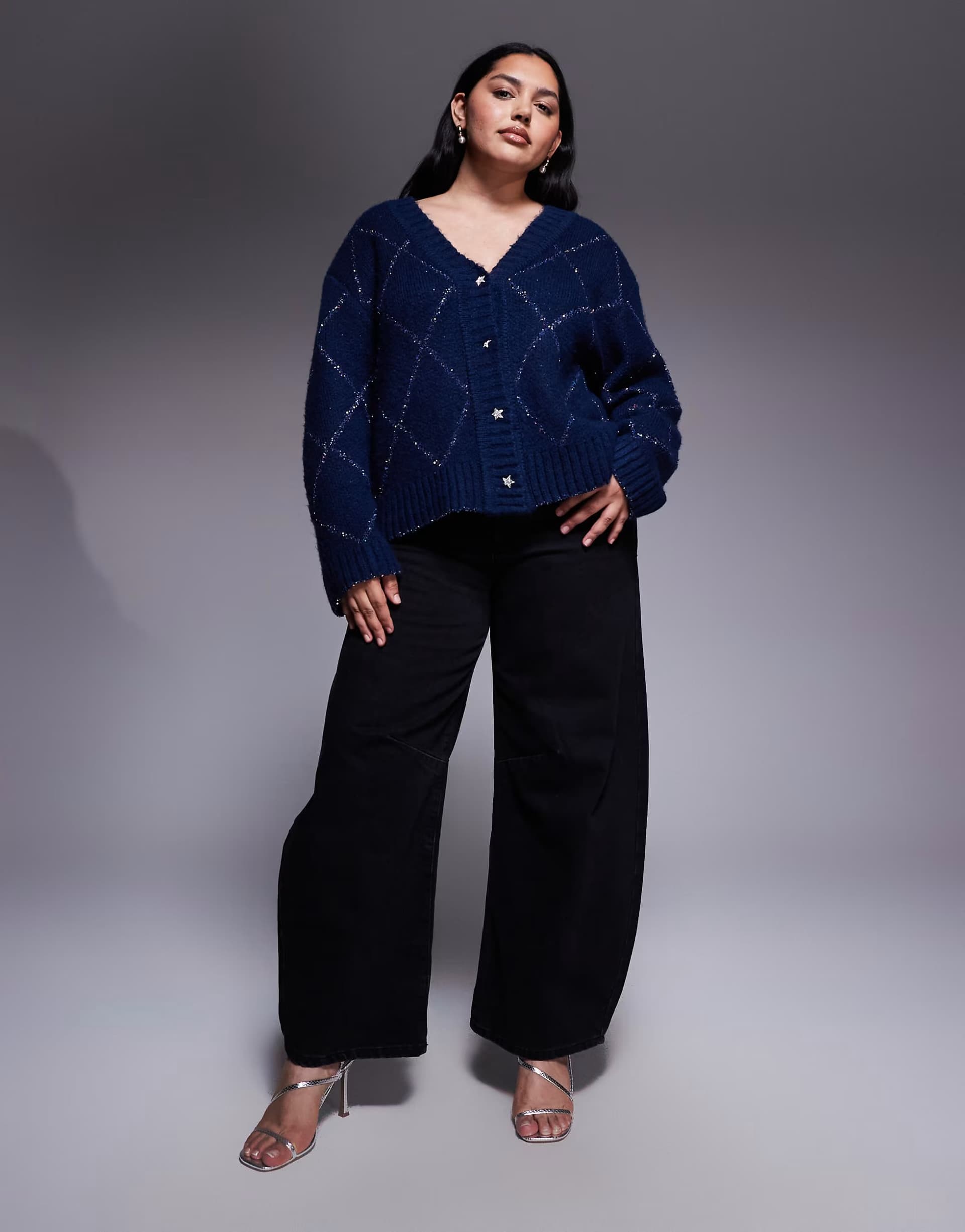 ASOS ASOS Fluffy Knit Argyle Cardigan in Navy