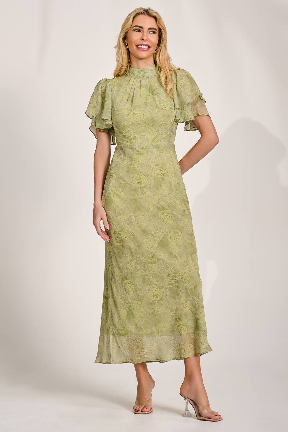 Jolie Moi Jolie Moi Women's High Neck Angel Sleeve Chiffon Maxi Dress in Green - 2