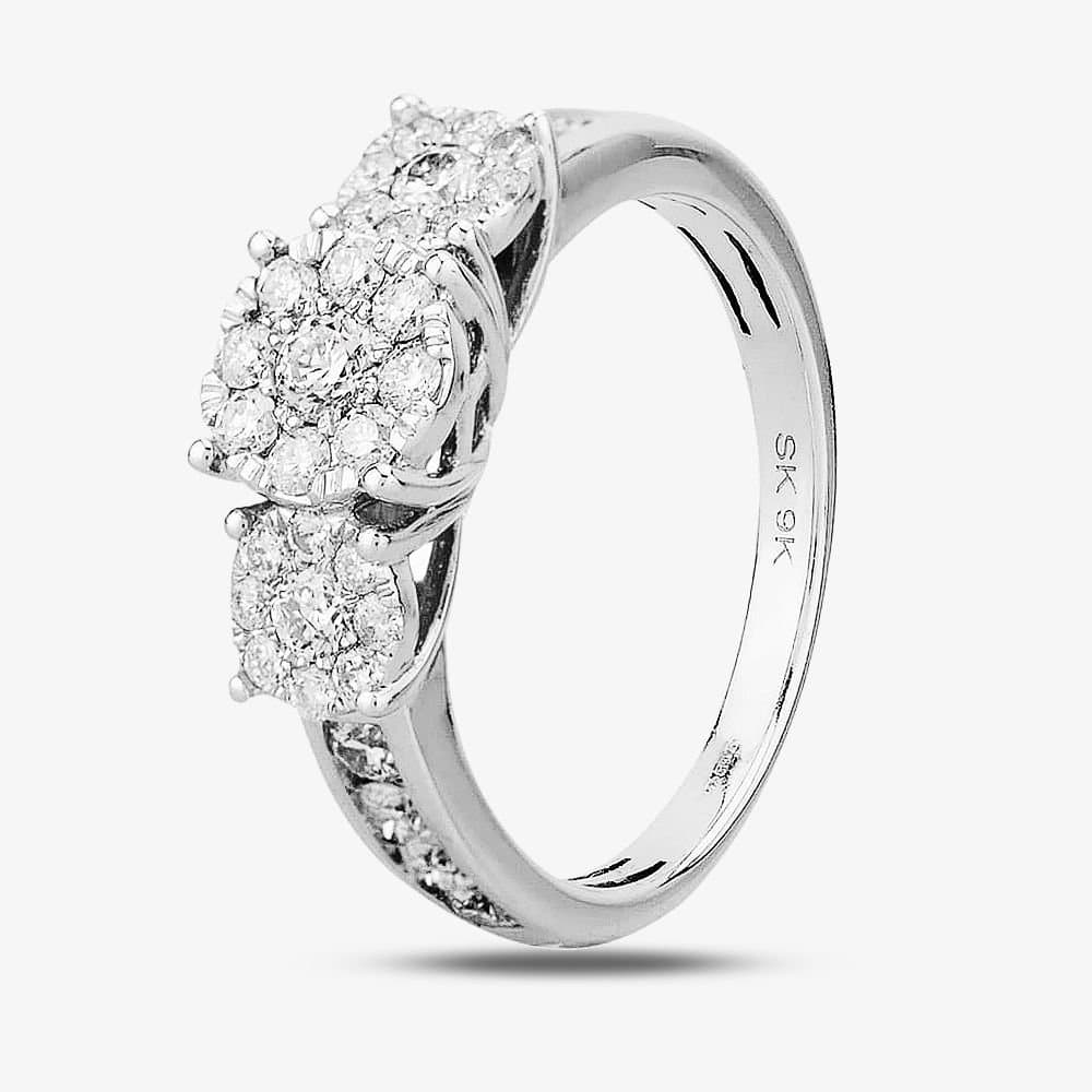 T.H.Baker T.H.Baker Women's 9ct White Gold 1.00ct Diamond Cluster Trilogy Ring in Silver