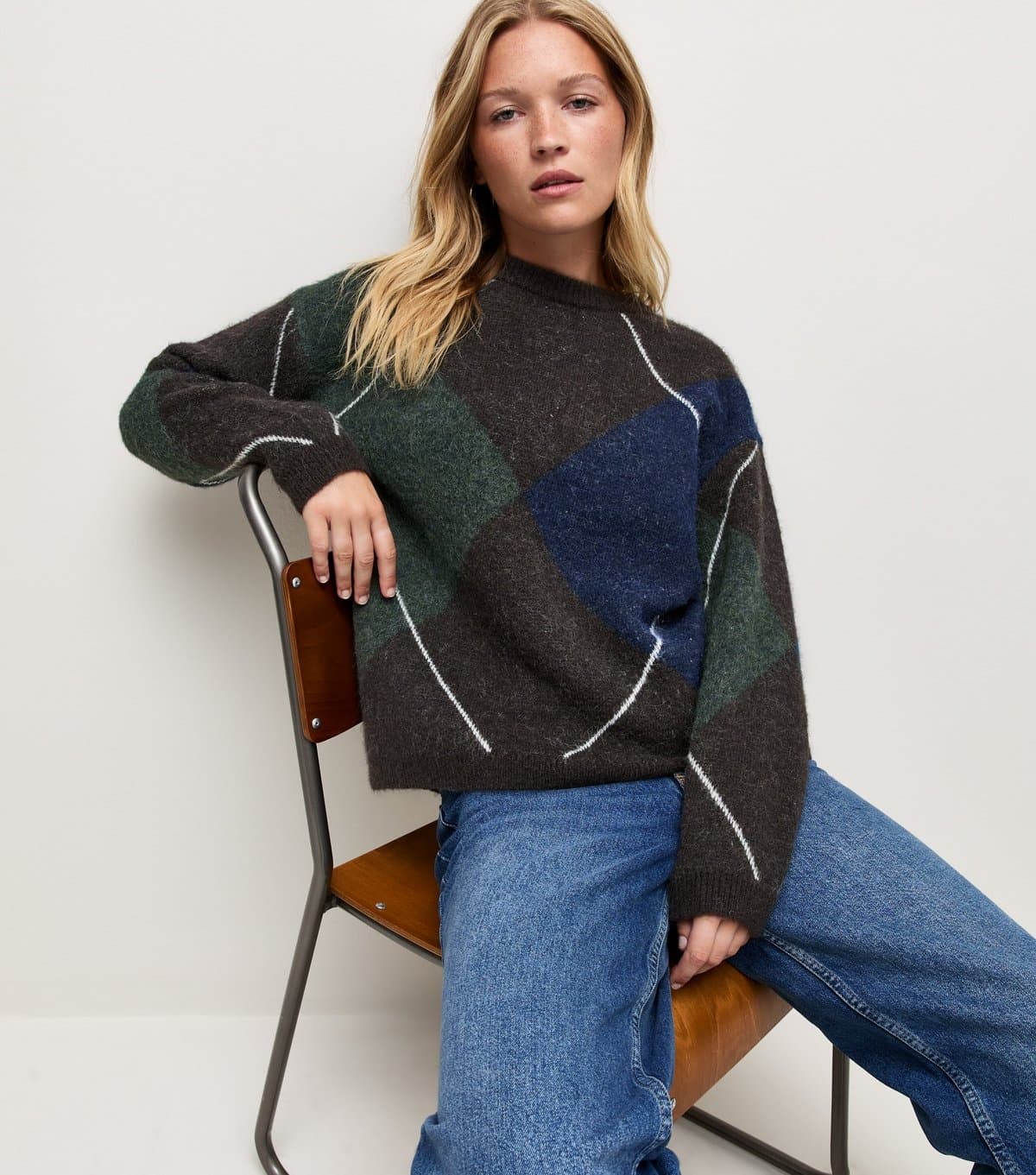 New Look Women's Grey Argyle Knit Crew Neck Jumper New Look