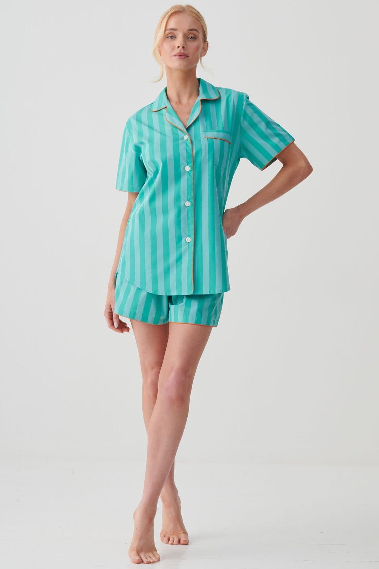 British Boxers British Boxers Women's "New York Turquoise Stripe" Crisp Cotton Short Pyjama Set