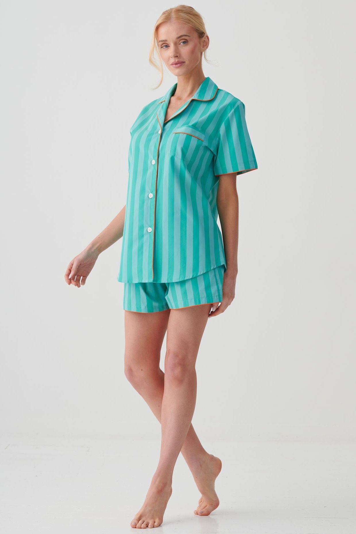 British Boxers British Boxers Women's "New York Turquoise Stripe" Crisp Cotton Short Pyjama Set - 2