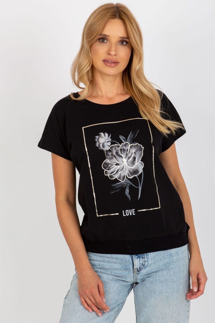 Love Lace Love Lace Women's Cotton Short Sleeve Round Neck Printed Blouse in Black - 1