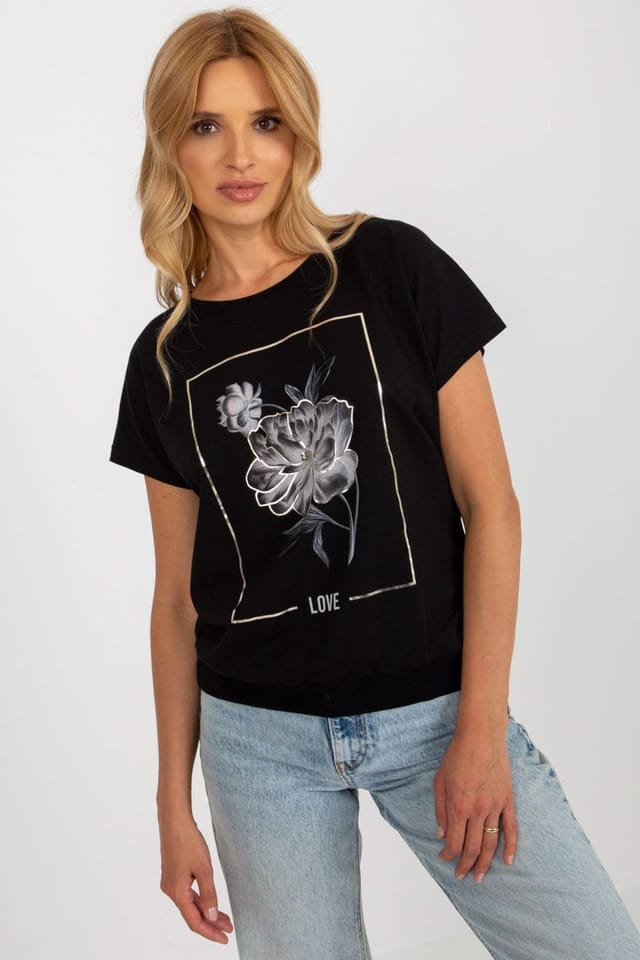 Love Lace Love Lace Women's Cotton Short Sleeve Round Neck Printed Blouse in Black - 2