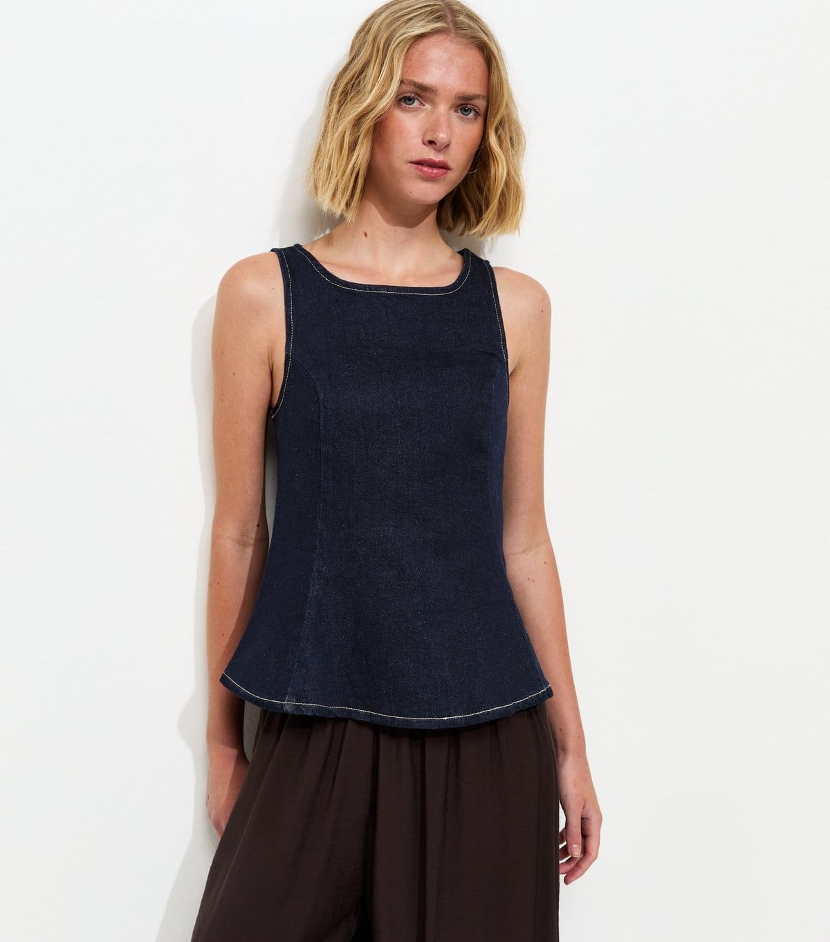 New Look Navy Denim Sleeveless Flared Top