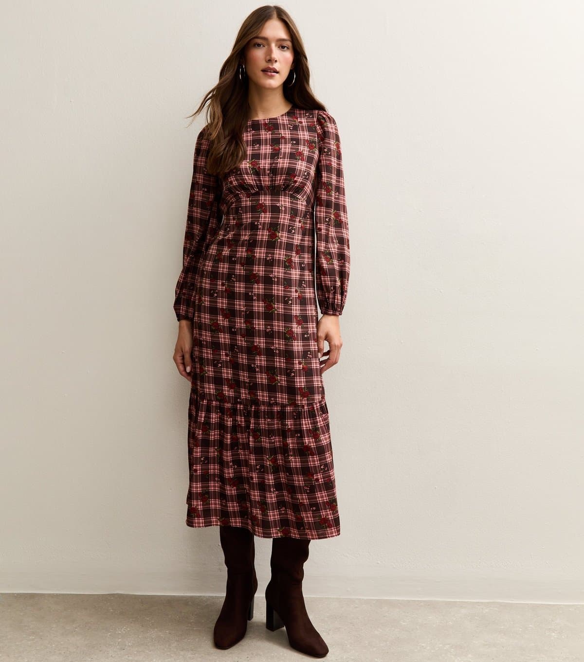 New Look Women's Red Crepe Check Pattern Floral Print Midi Dress New Look