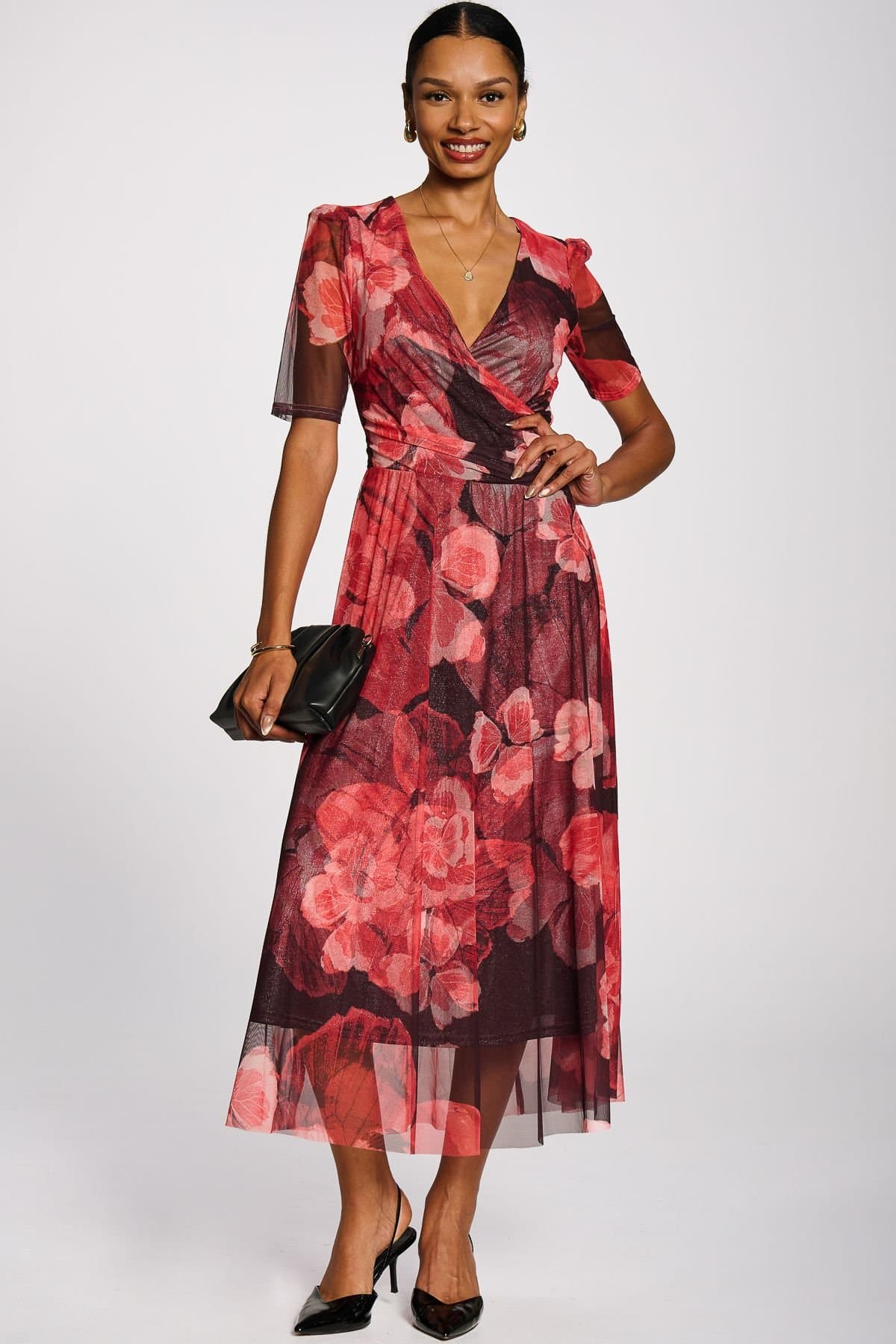 Jolie Moi Jolie Moi Women's Double Layer Printed Mesh Maxi Dress in Dark Red
