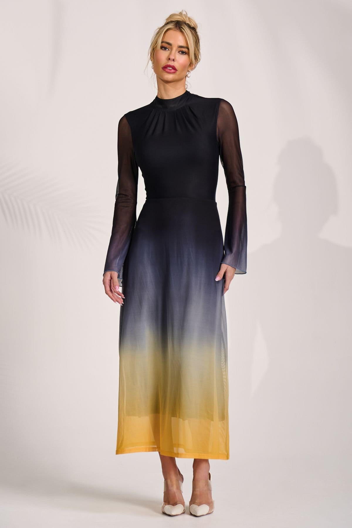 Jolie Moi Jolie Moi Women's Long Sleeve High Neck Mesh Dress in Jet Black - 4