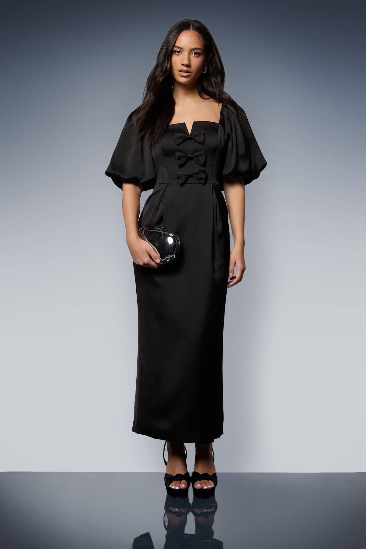 Oasis Oasis Women's Satin Bow Front Puff Sleeve Midi Dress in Black