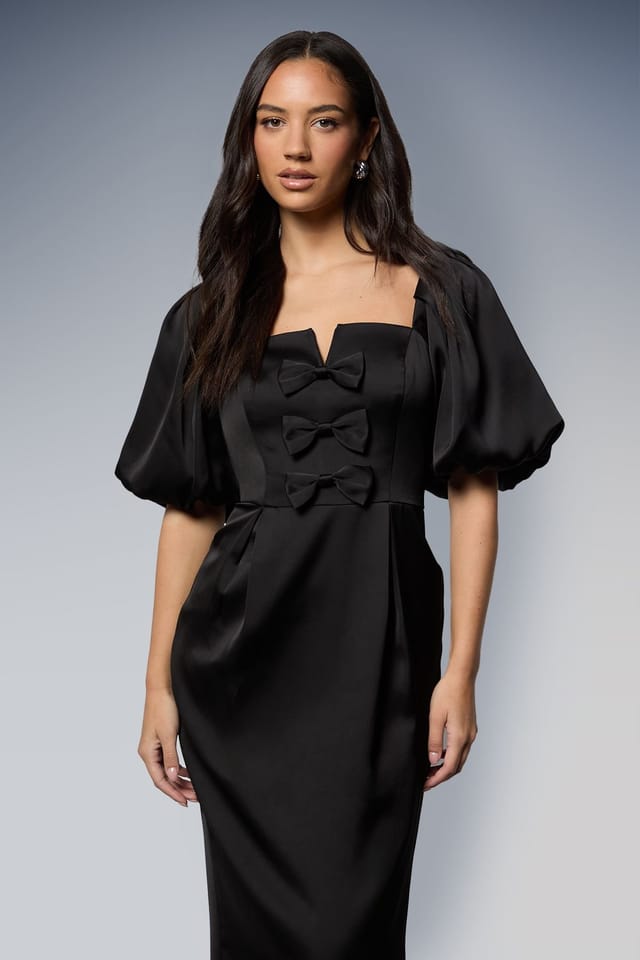 Oasis Oasis Women's Satin Bow Front Puff Sleeve Midi Dress in Black - 2