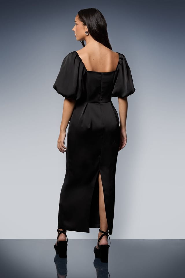 Oasis Oasis Women's Satin Bow Front Puff Sleeve Midi Dress in Black - 3