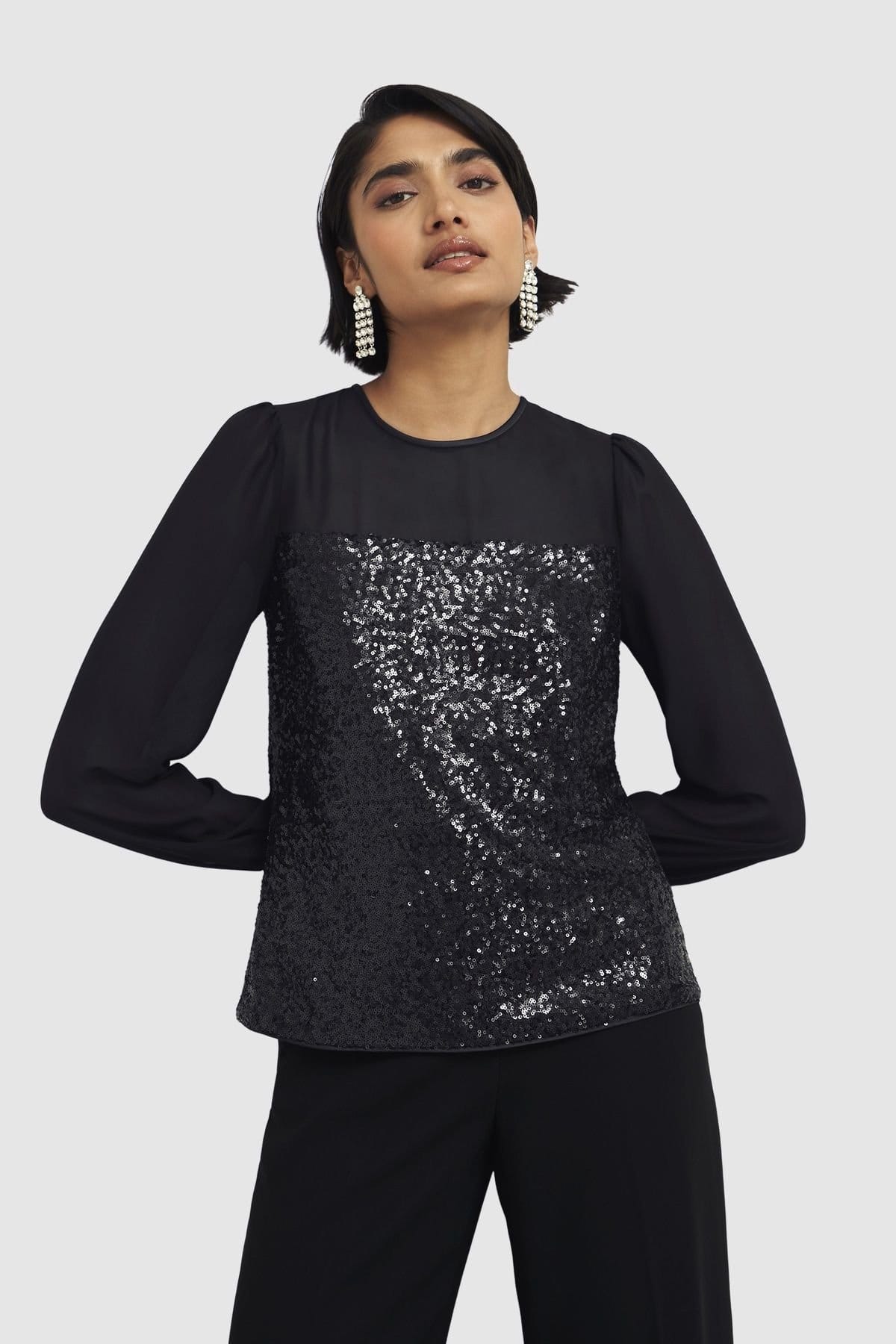 Hobbs London Black Sequin Blouse with Long Sleeves