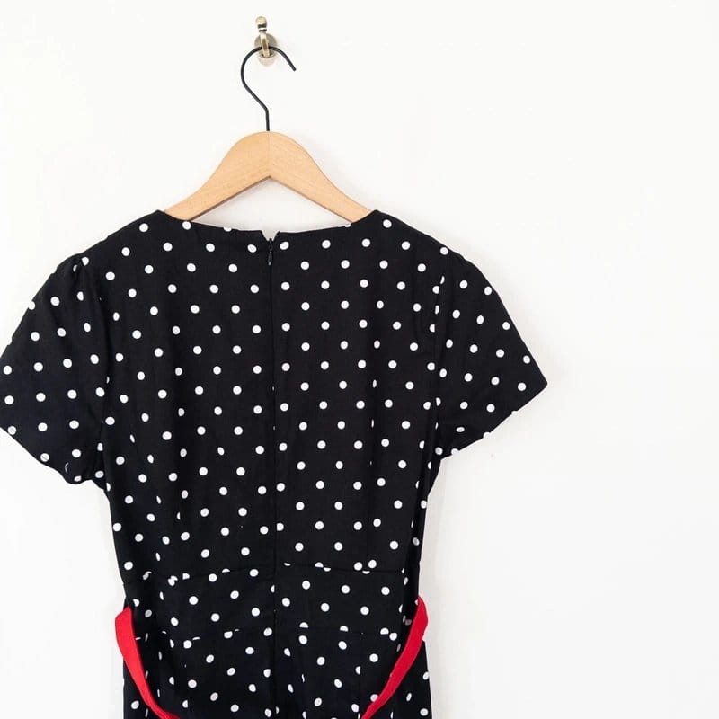 Joe Browns Joe Browns 50s Vintage Style Dress Size 12 NEW Black Polka Dot Belted Red - 1