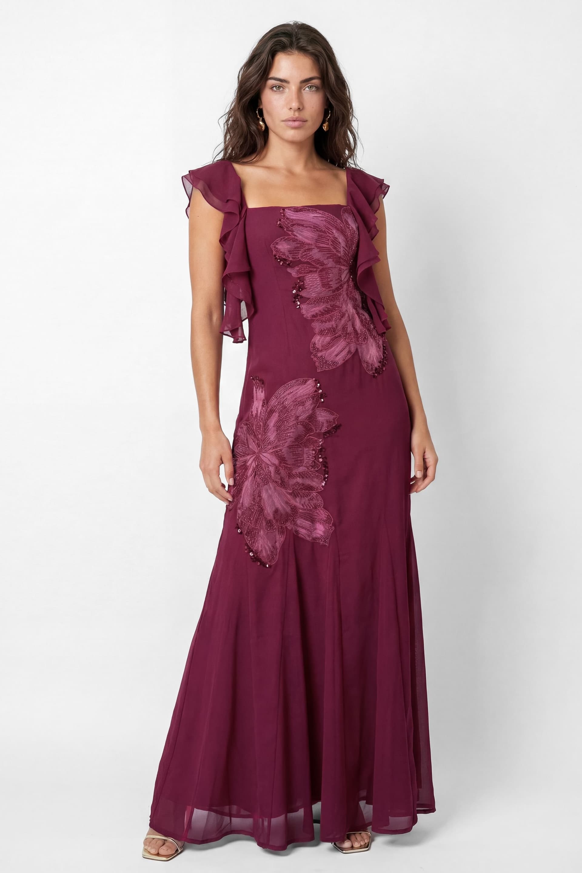 Maya Deluxe Maya Deluxe Women's Floral Embroidered Strappy Godet Maxi Dress in Dark Pink