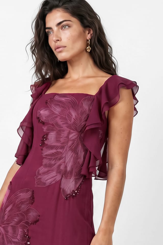 Maya Deluxe Maya Deluxe Women's Floral Embroidered Strappy Godet Maxi Dress in Dark Pink - 2