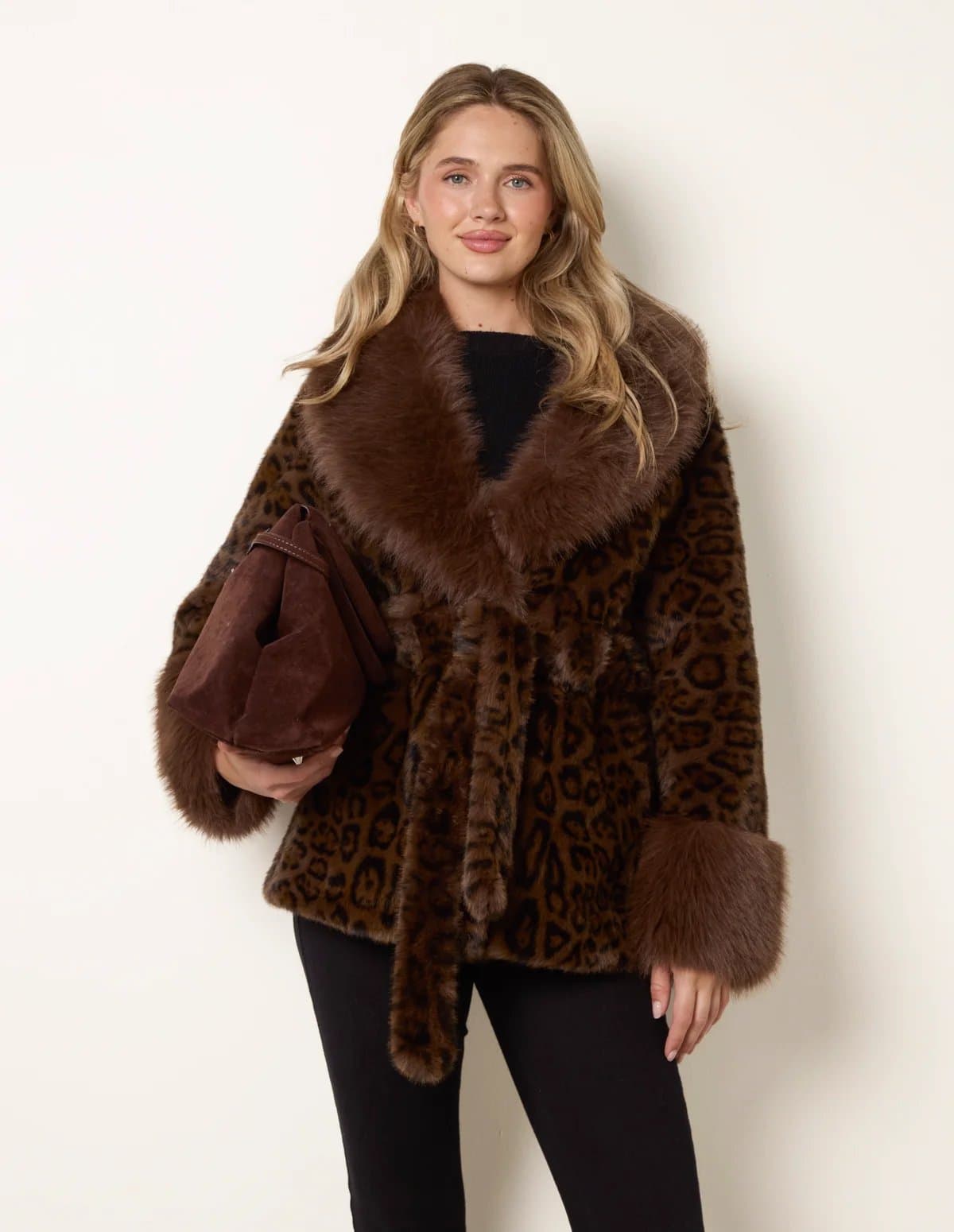 Blue Vanilla Leopard Plush Faux Fur Belted Coat