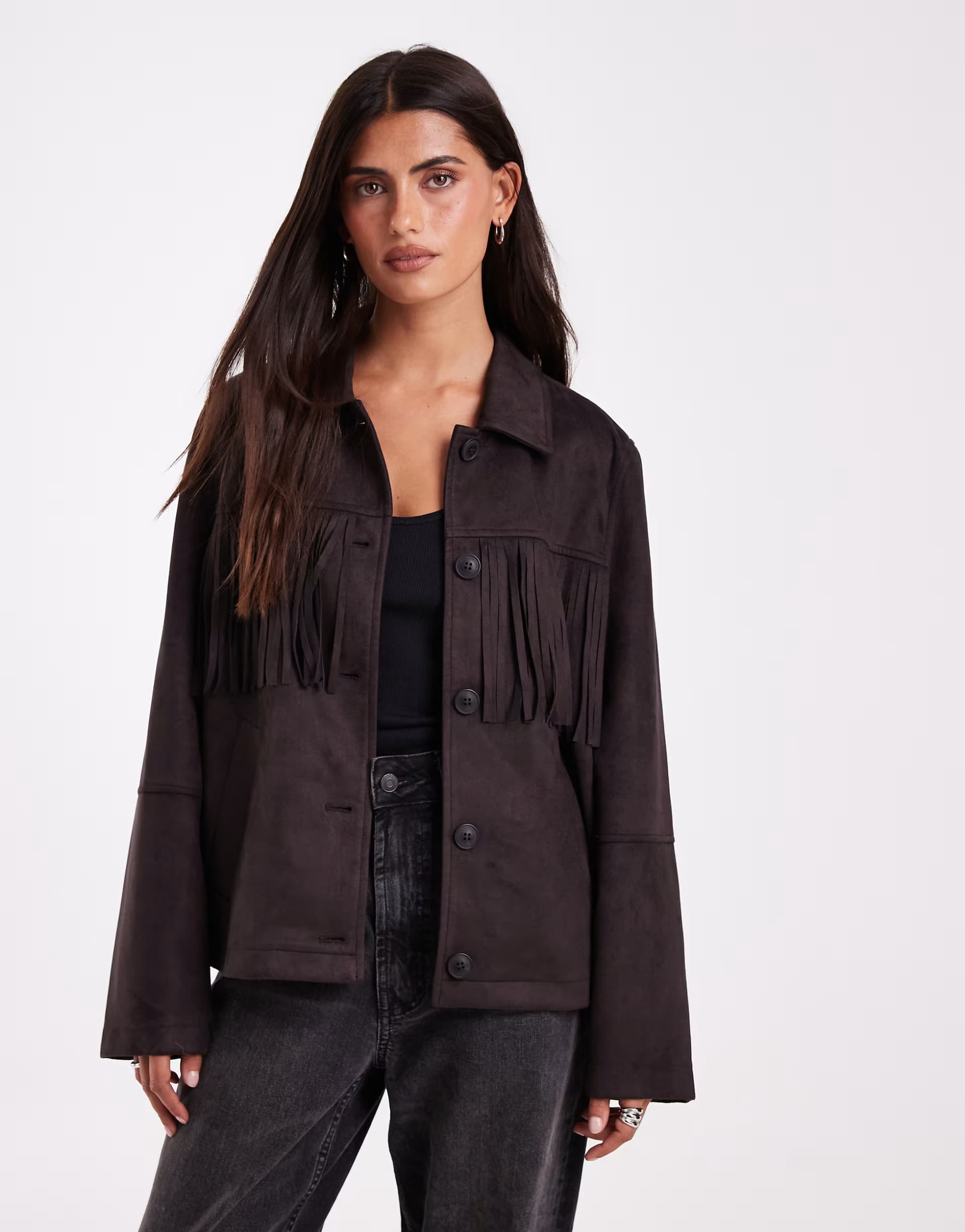 ASOS Vero Moda fringe detail faux suede jacket in chocolate brown