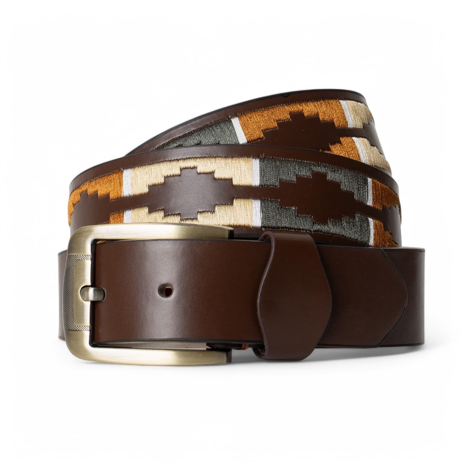 Woodland Leathers Woodland Leathers Brown Leather Belt with Green Embroidery