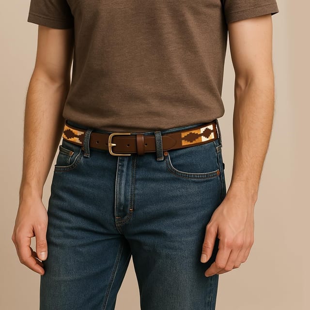 Woodland Leathers Woodland Leathers Men's Men's Brown Polo Belt with Green Embroidered Stitching - 2
