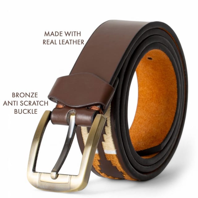Woodland Leathers Woodland Leathers Men's Men's Brown Polo Belt with Green Embroidered Stitching - 3