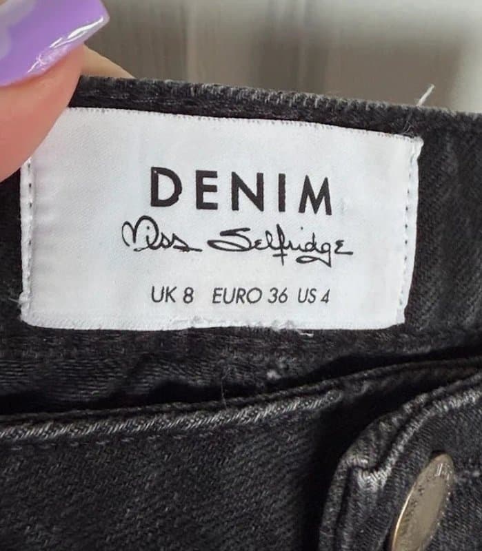 Miss Selfridge Miss Selfridge Black Glitter Polka Dot Denim Mini Skirt Raw Hem UK 8