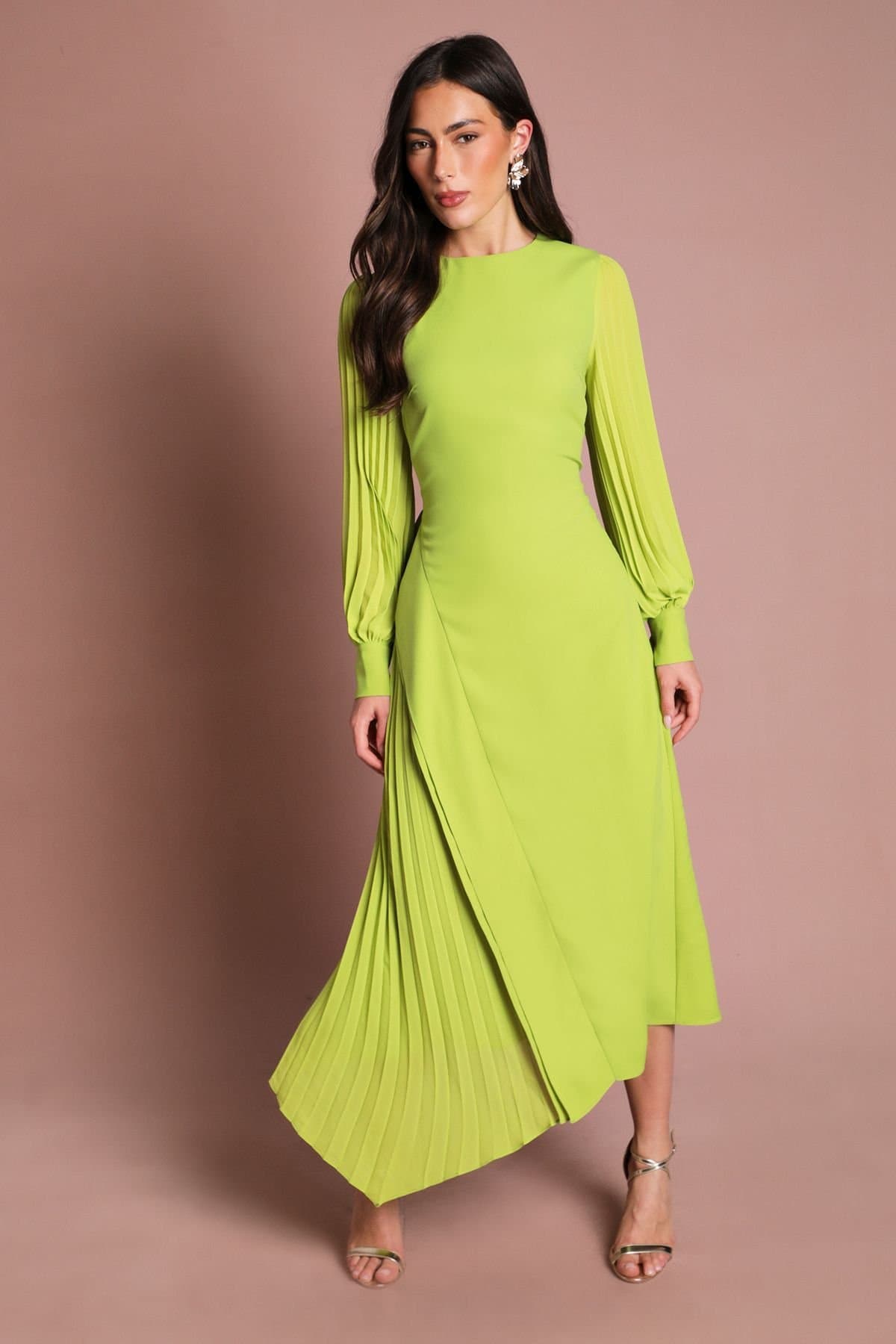 Coast Coast Women's Long Sleeve Pleated Crepe Midaxi Dress in Lime