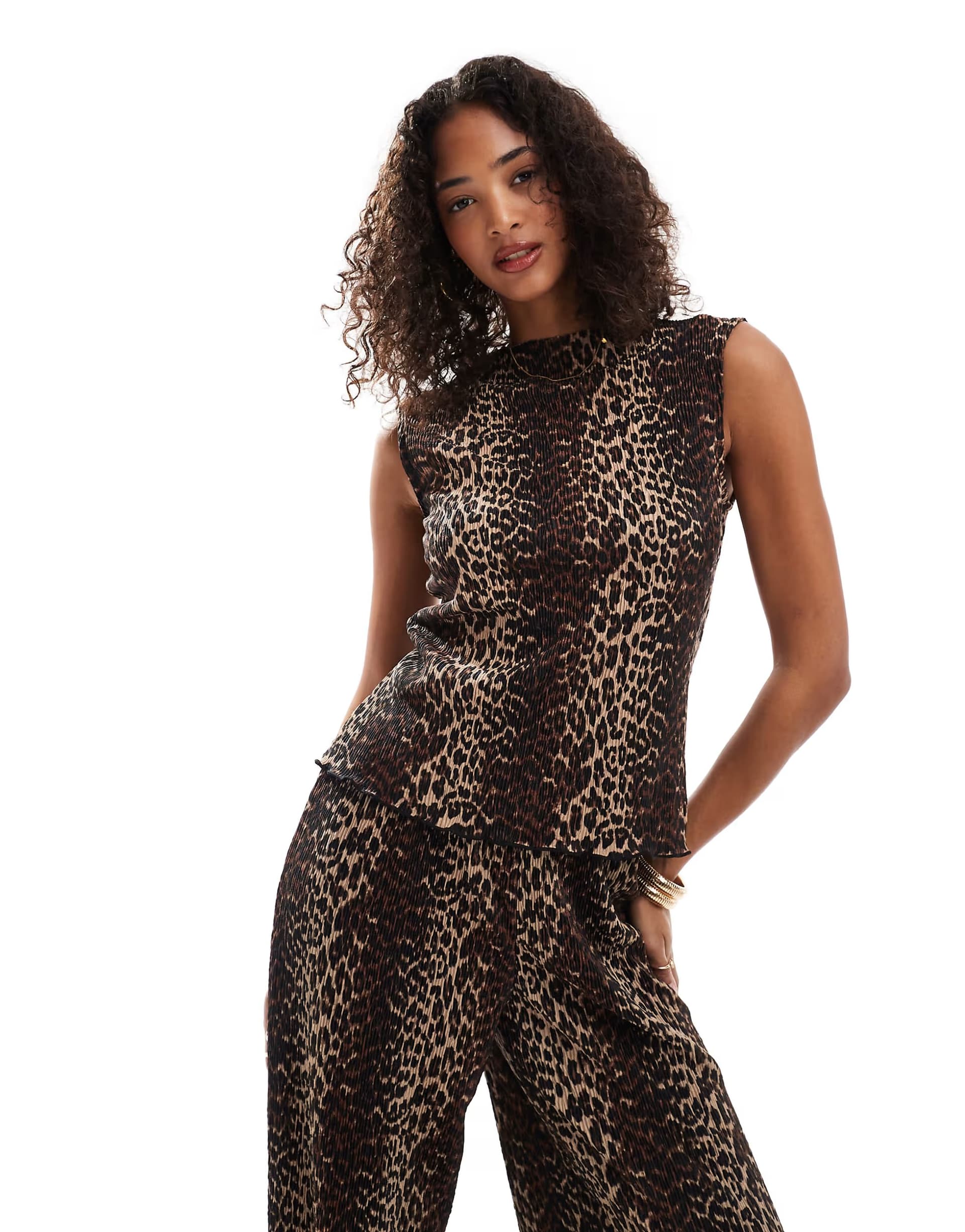 ASOS Pieces mini plisse high neck tank top co-ord in leopard print