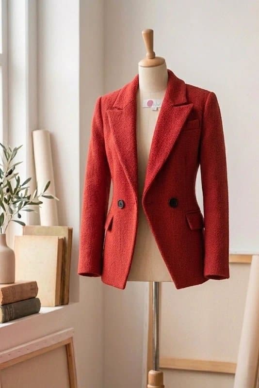 & Other Stories Vintage Style Textured Red Double-Breasted Blazer - Size S