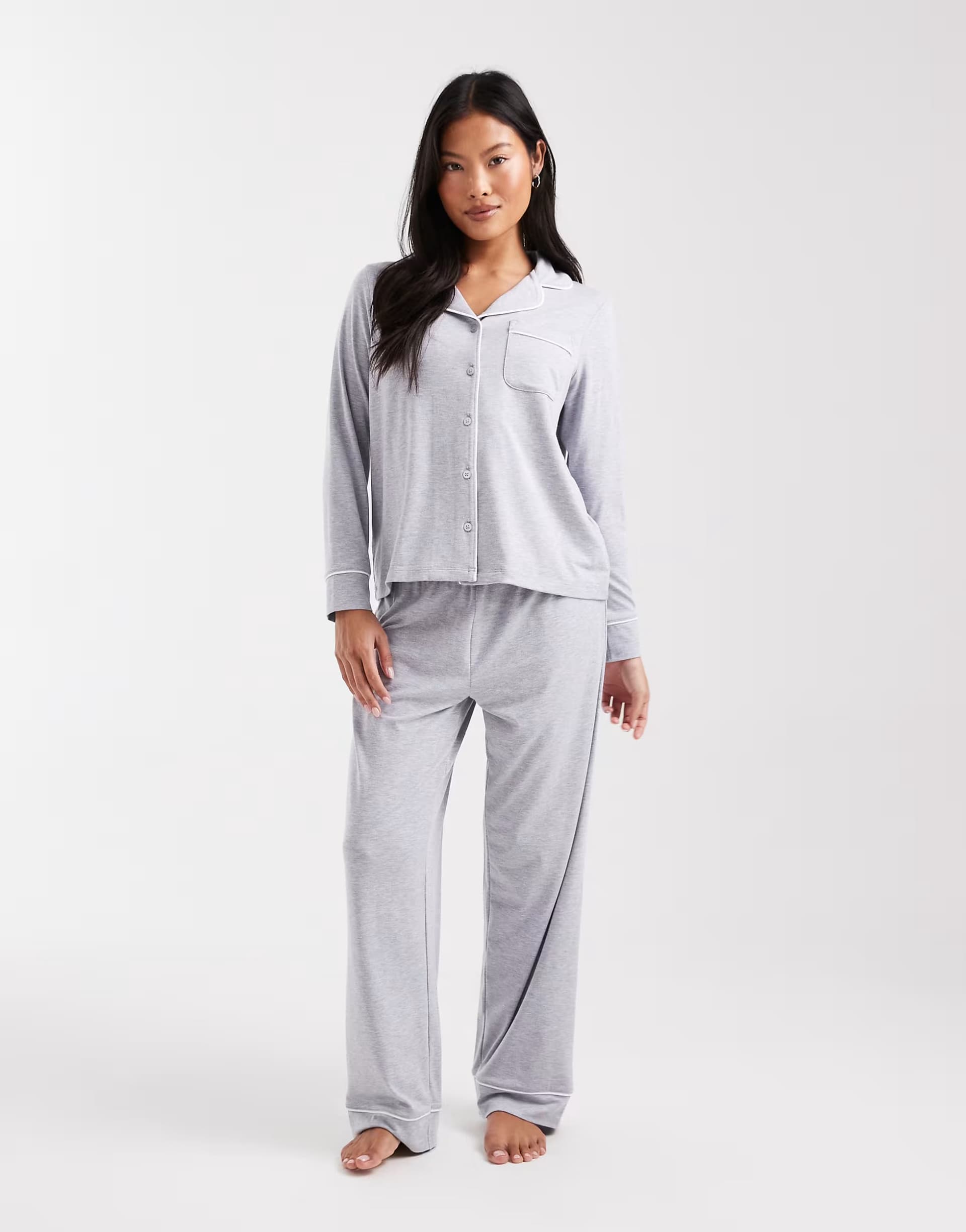 ASOS ASOS DESIGN Petite Viscose super soft long sleeve shirt & trouser pyjama set with contrast piping in grey