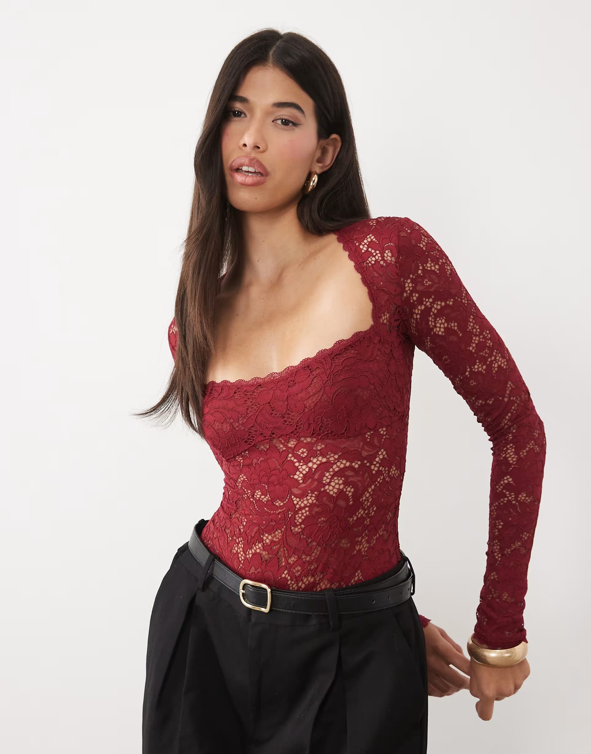 ASOS Oh Polly lace square neck long sleeve bodysuit in red