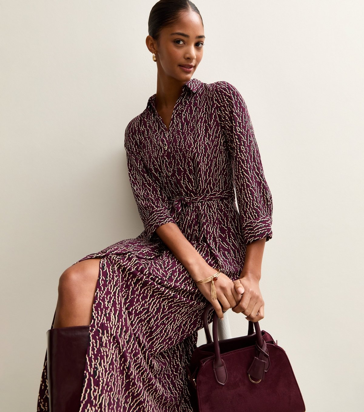 New Look Women's Burgundy Patterned Belted Shirt Dress New Look - 3