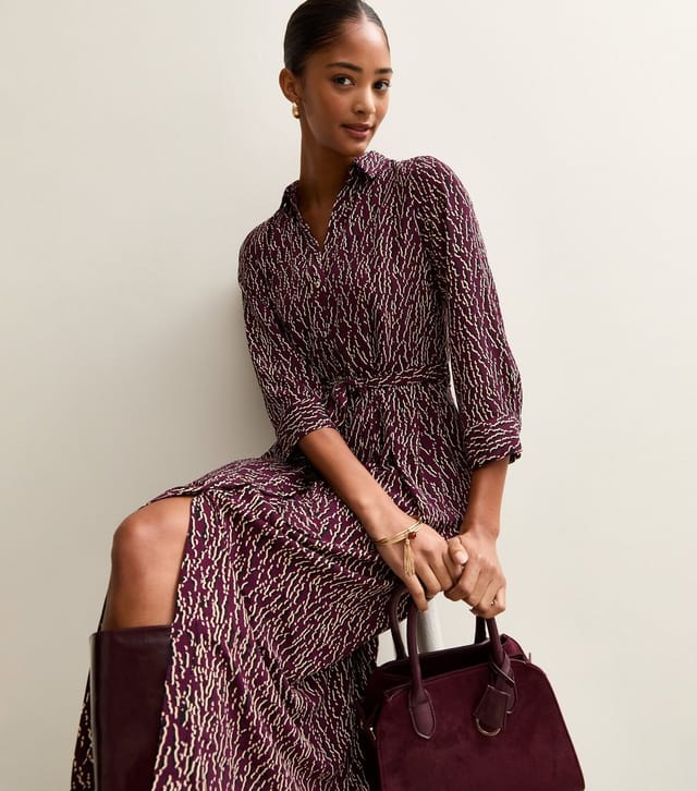 New Look Women's Burgundy Patterned Belted Shirt Dress New Look - 3