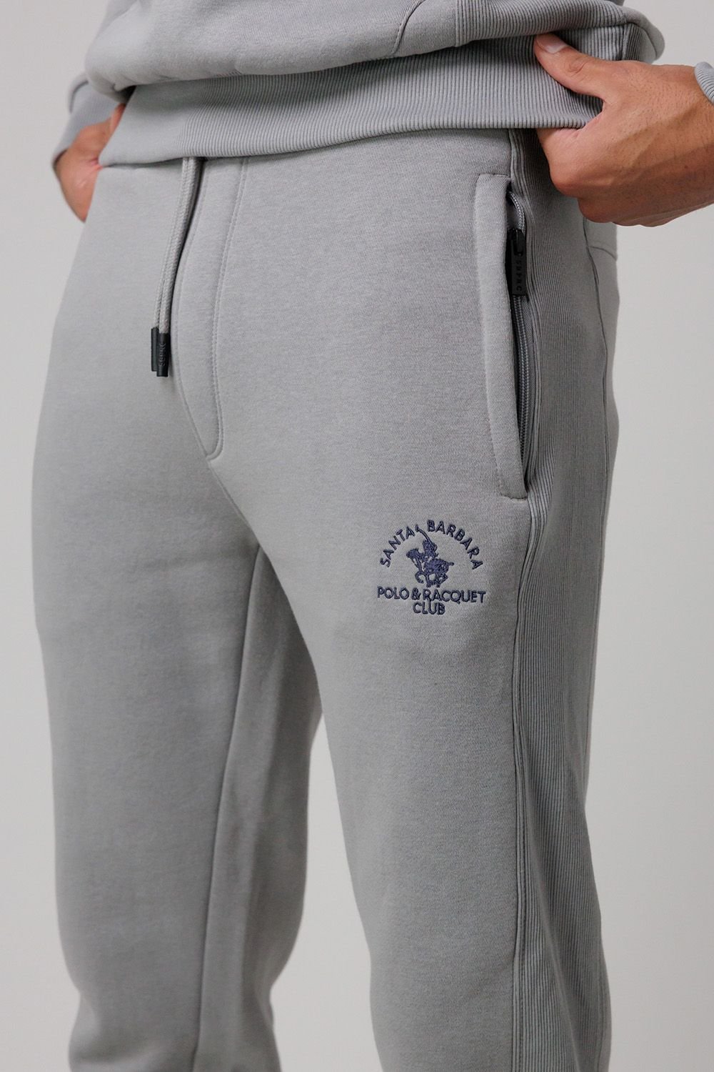 Santa Barbara Polo & Racquet Club Santa Barbara Polo & Racquet Club Men's Cotton Rich Joggers with Ribbed Side Panels & Drawstring Waist in Grey - 3