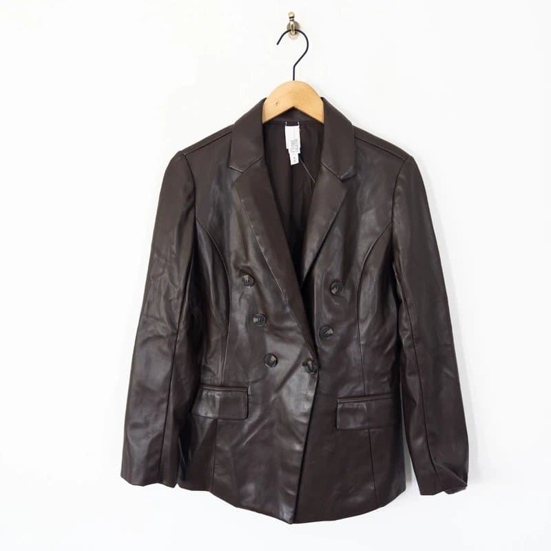 MARLA WYNNE Marlawynne Faux Leather Double Breasted Blazer Size S NEW Chocolate Brown