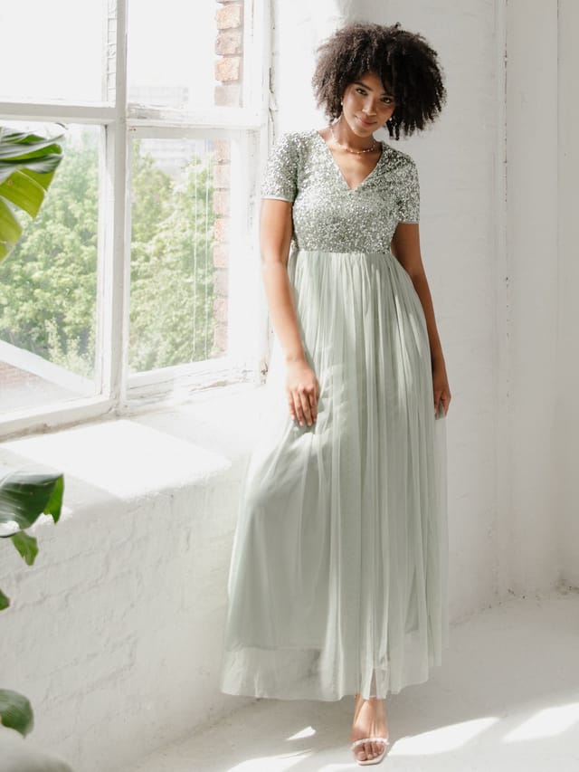 Maya Deluxe Maya Deluxe Women's Short Sleeve V Neck Embellished Maxi Dress in Mint - 2