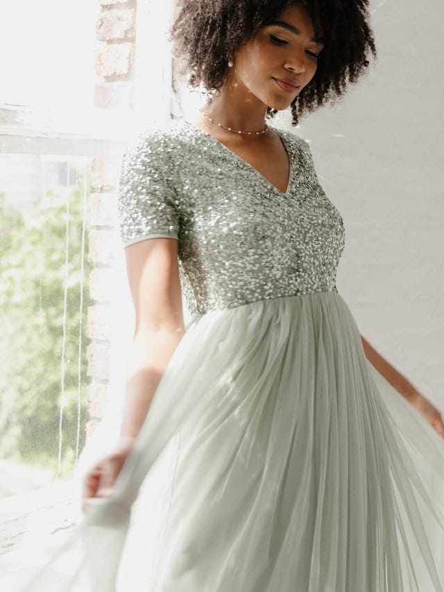 Maya Deluxe Maya Deluxe Women's Short Sleeve V Neck Embellished Maxi Dress in Mint - 3