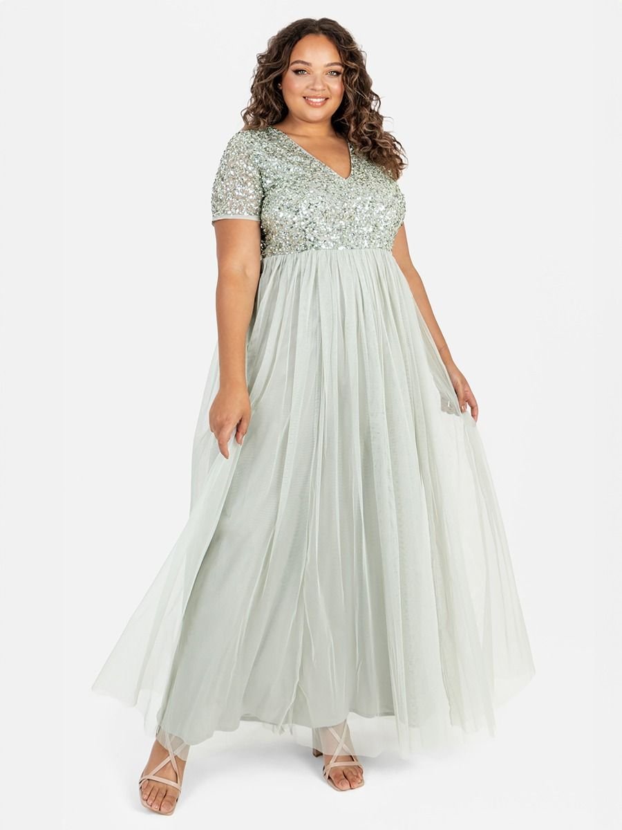 Maya Deluxe Maya Deluxe Women's Short Sleeve V Neck Embellished Maxi Dress in Mint - 4