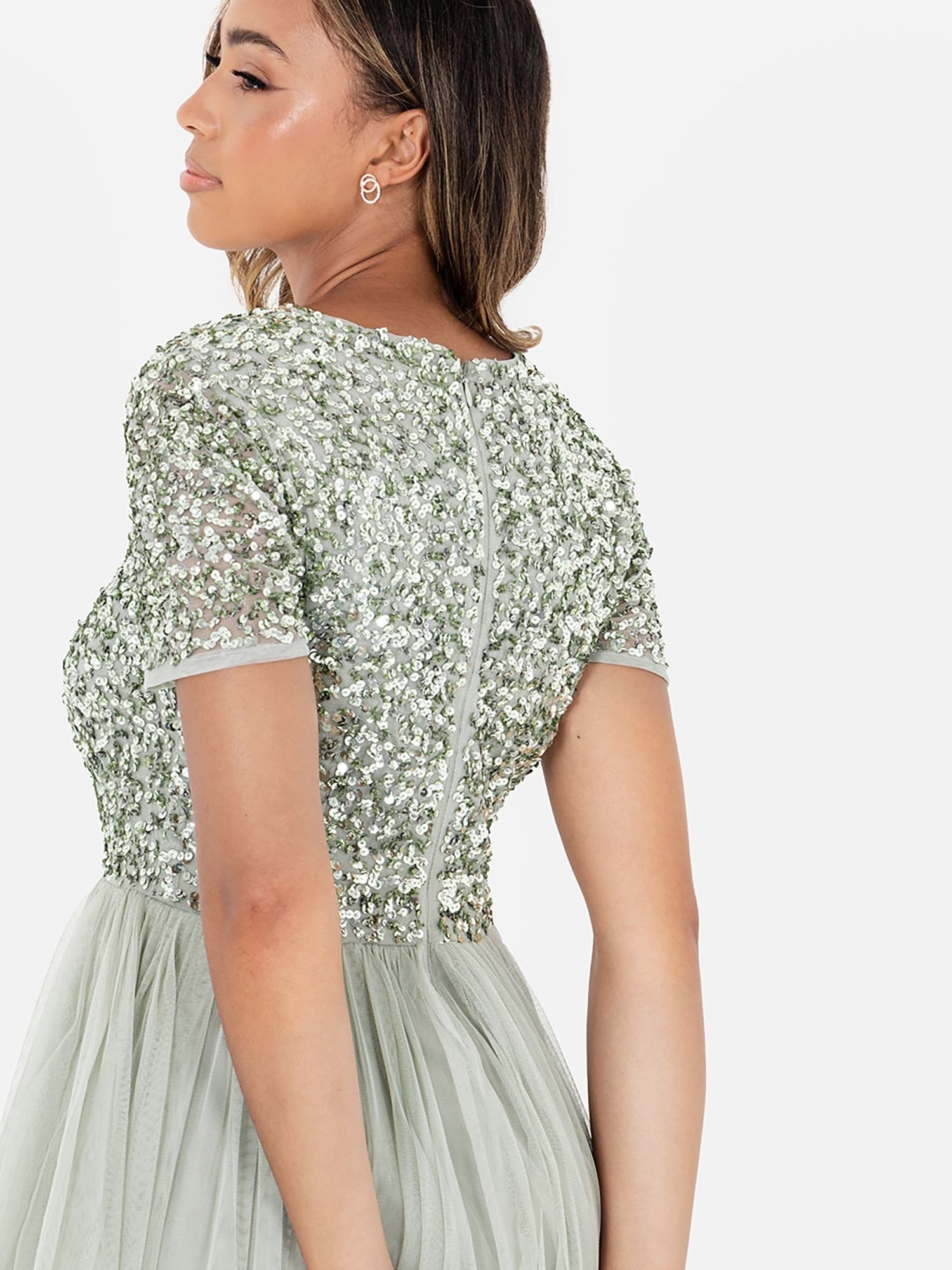 Maya Deluxe Maya Deluxe Women's Short Sleeve V Neck Embellished Maxi Dress in Mint - 4