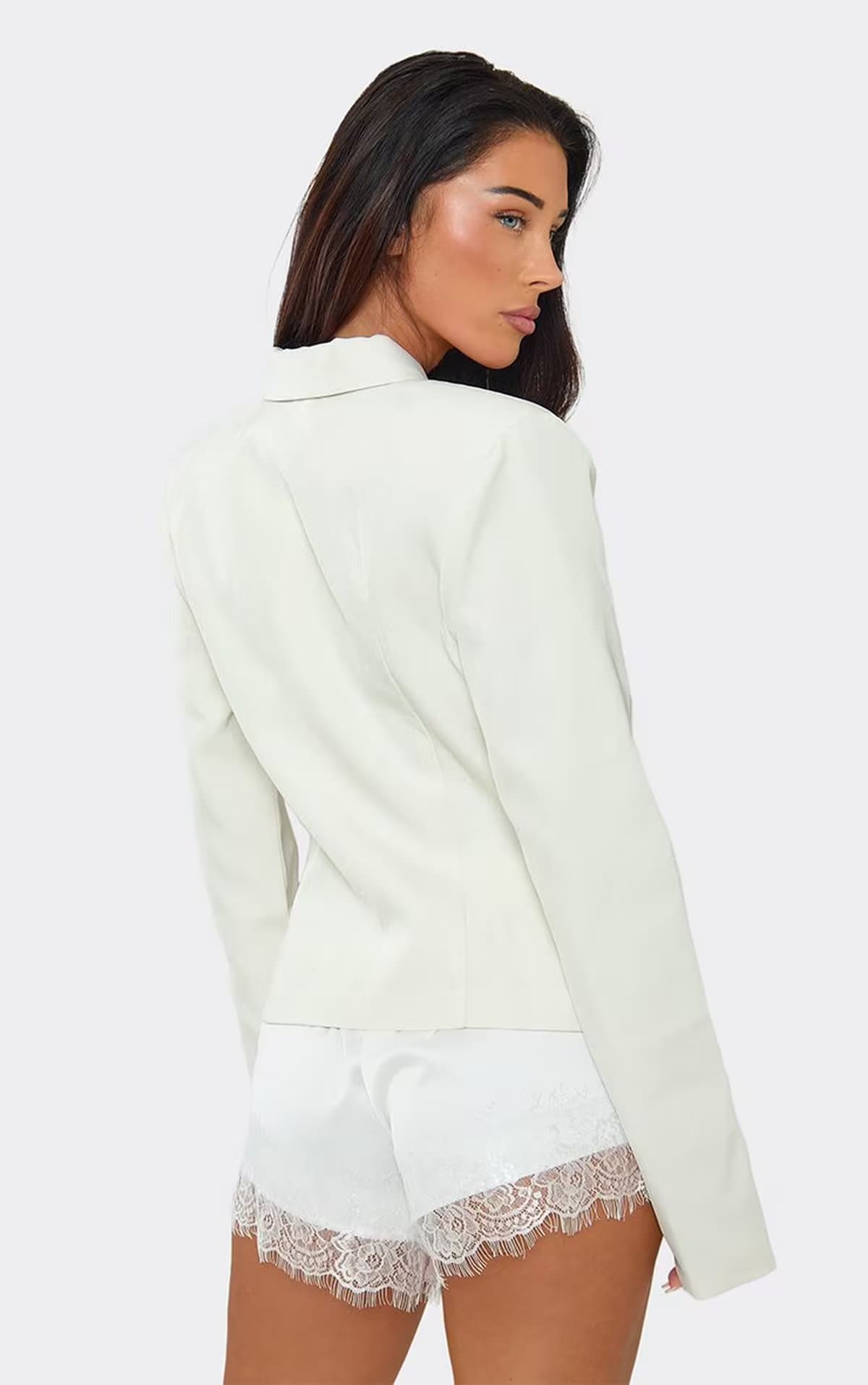 EGO Long Sleeve Shoulder Pad Zip Up Front Cinched Waist Blazer In Cream, Women's Size UK 6