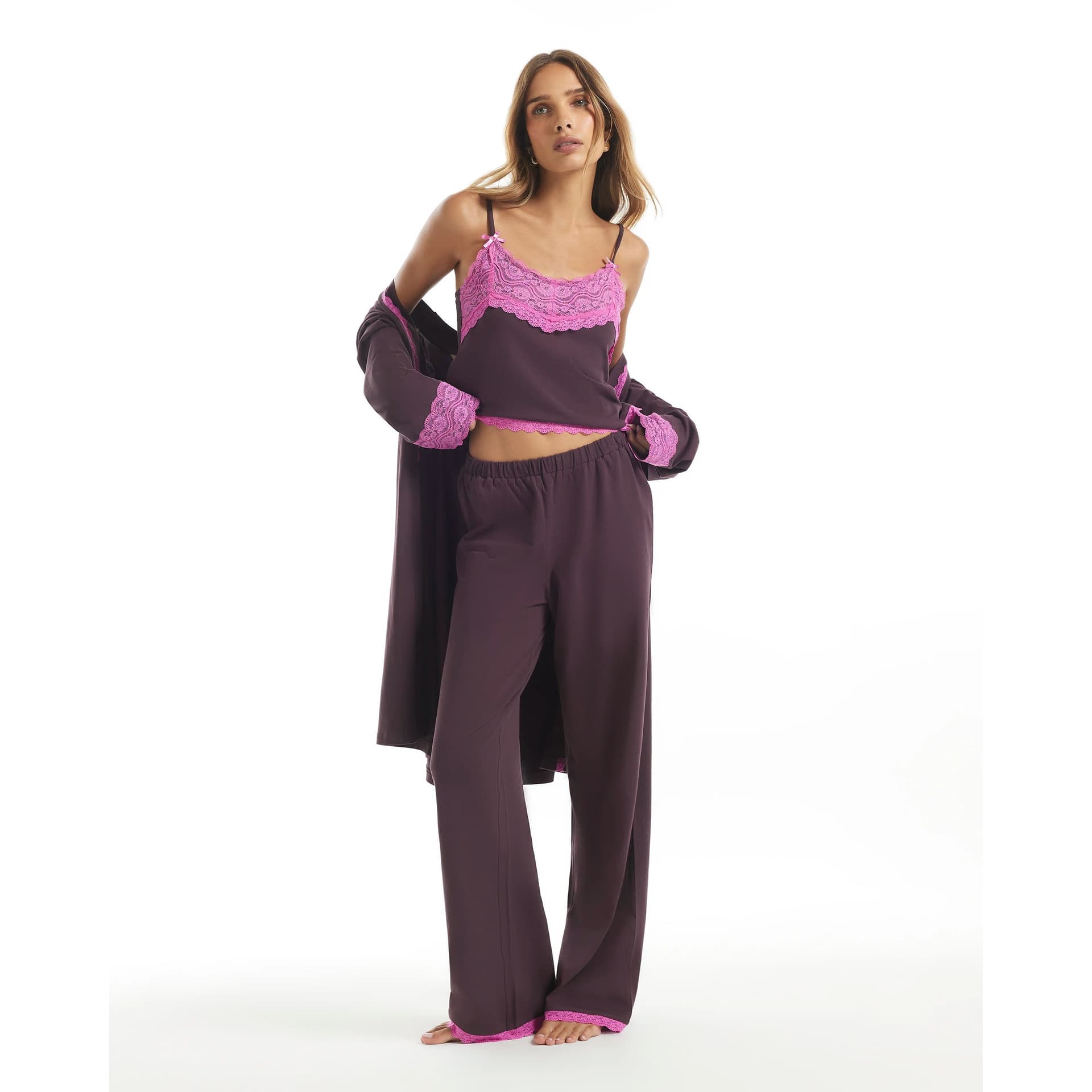 River Island River Island Womens Burgundy Cotton Blend Lace Cami Pyjama Set