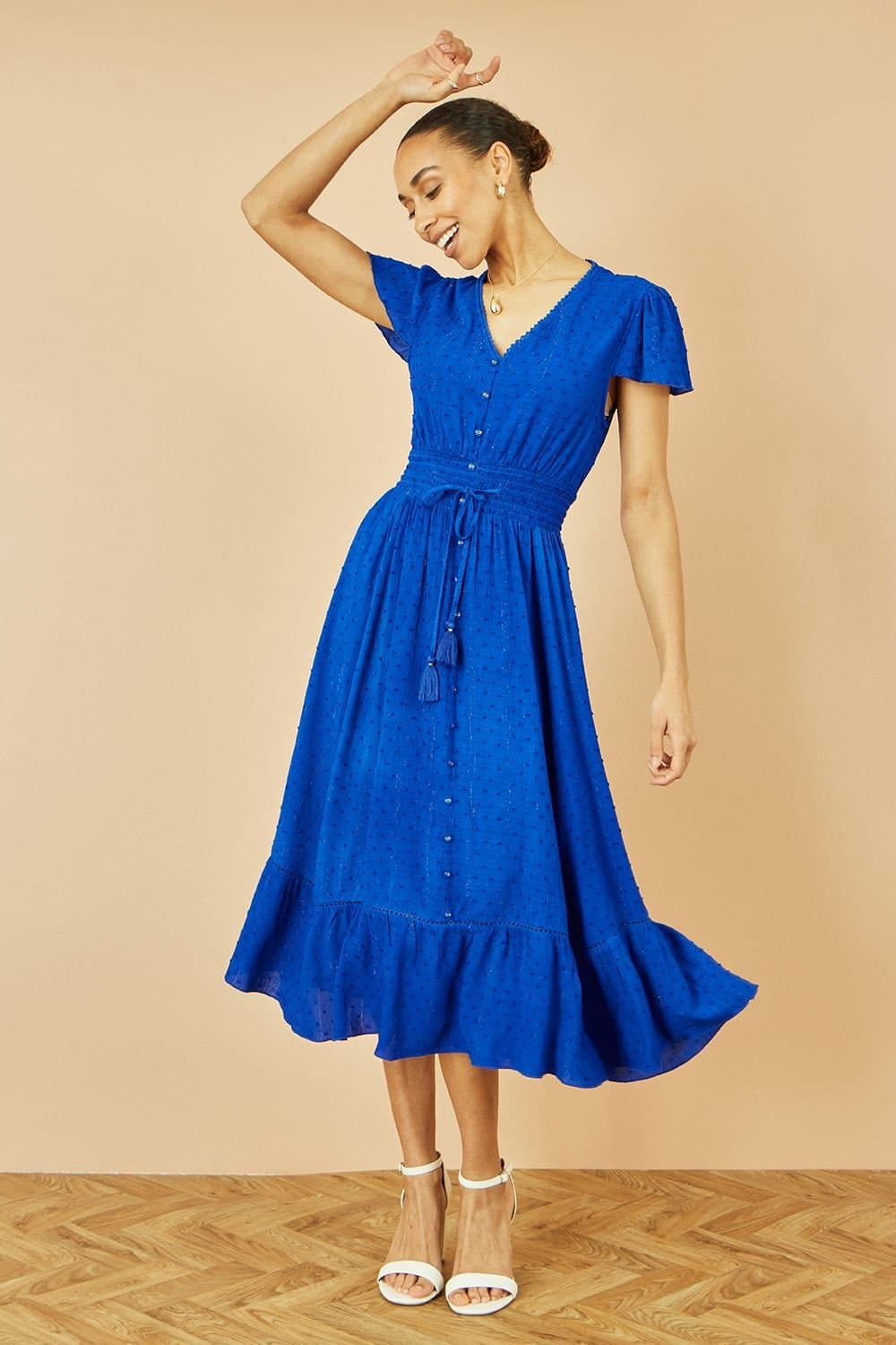 Yumi Yumi Women's Blue Button Detail Midi Dress With Ruched Waist & Metallic Thread