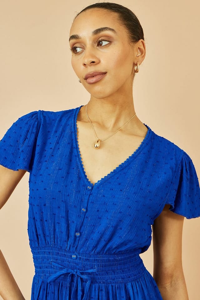 Yumi Yumi Women's Blue Button Detail Midi Dress With Ruched Waist & Metallic Thread - 2