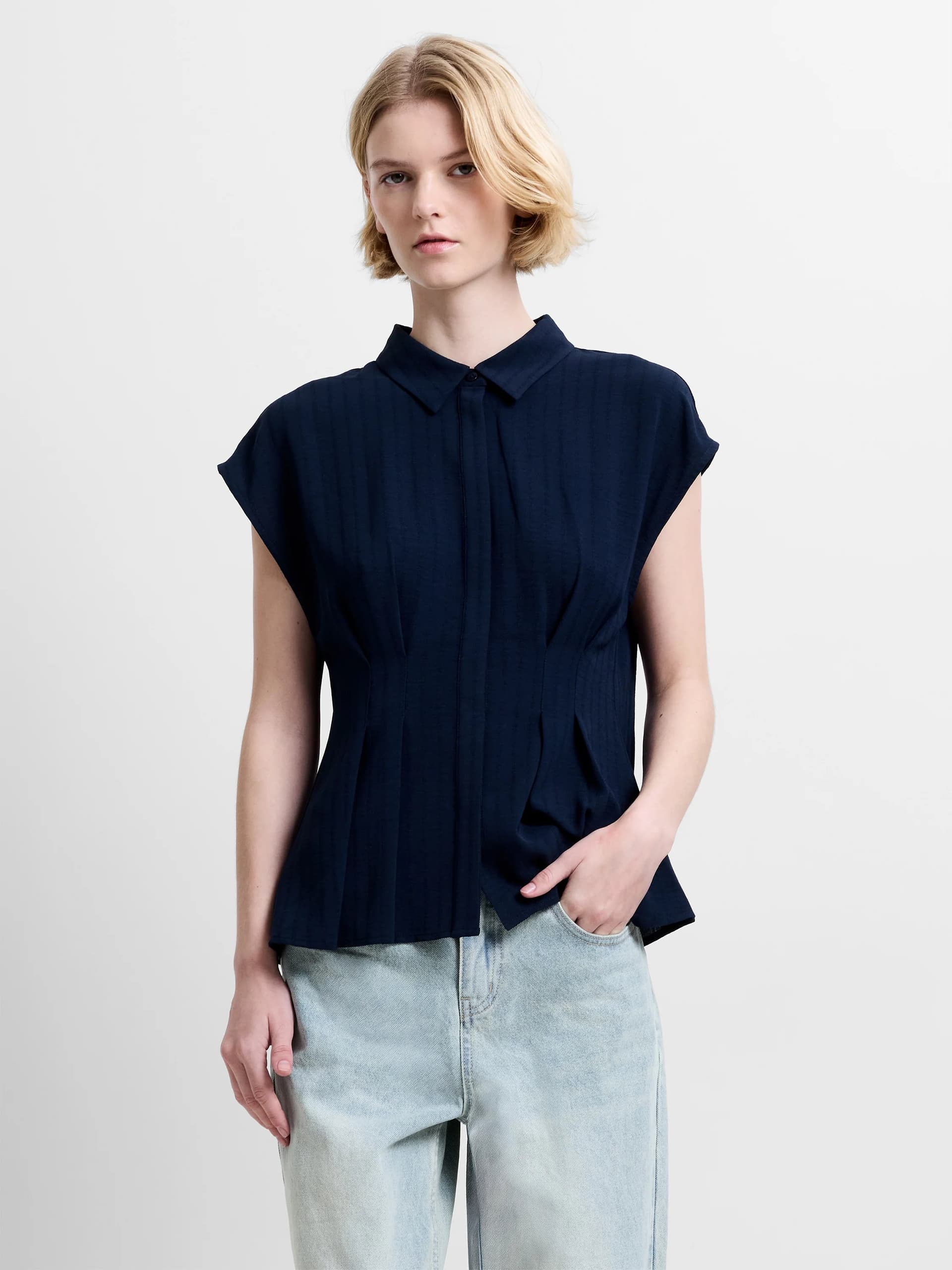 French Connection Codie Pleated Button Down Navy Peplum Top Navy Dark Blue