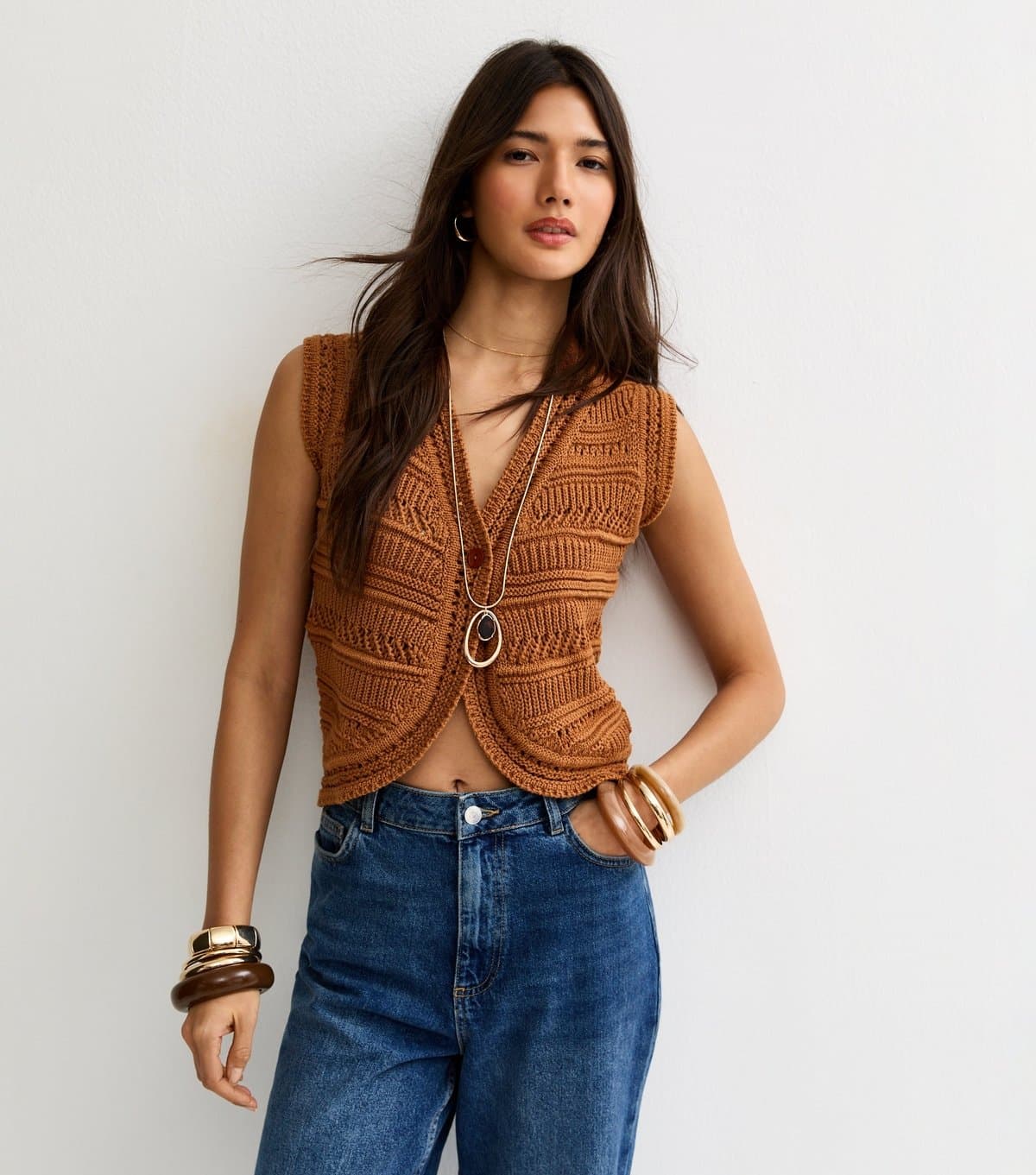 New Look Women's Tan Knit Lader Stitch Waistcoat New Look