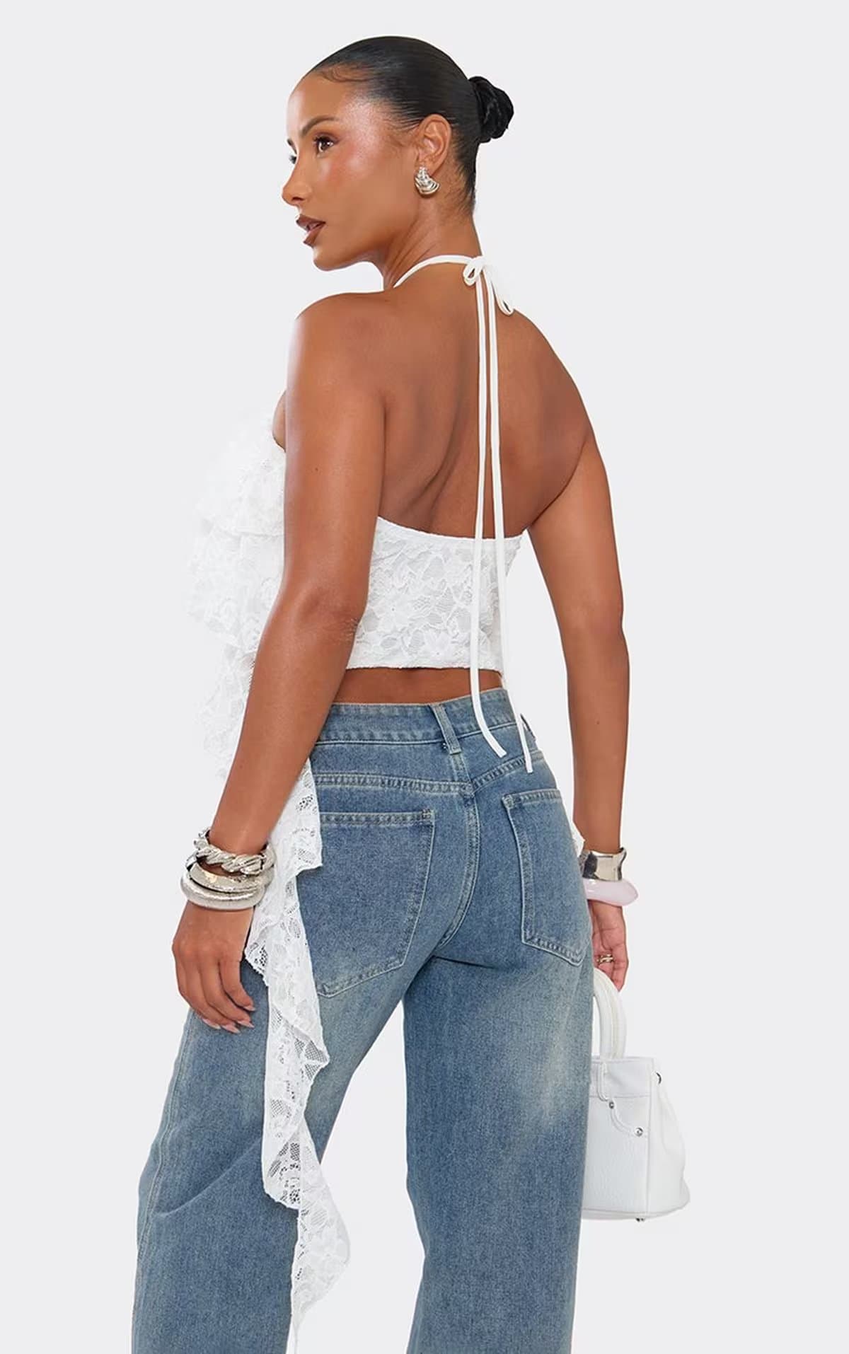 EGO Halterneck Tiered Frill Top In White Lace., Women's Size UK 6