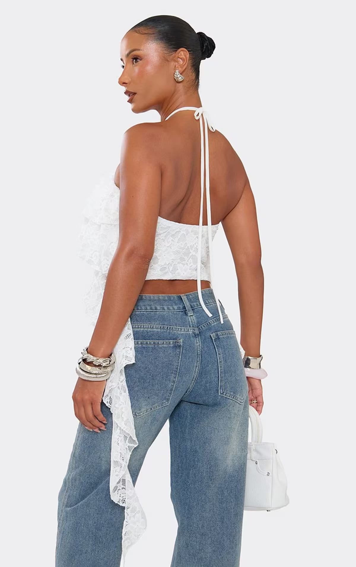 EGO Halterneck Tiered Frill Top In White Lace., Women's Size UK 6 - 1