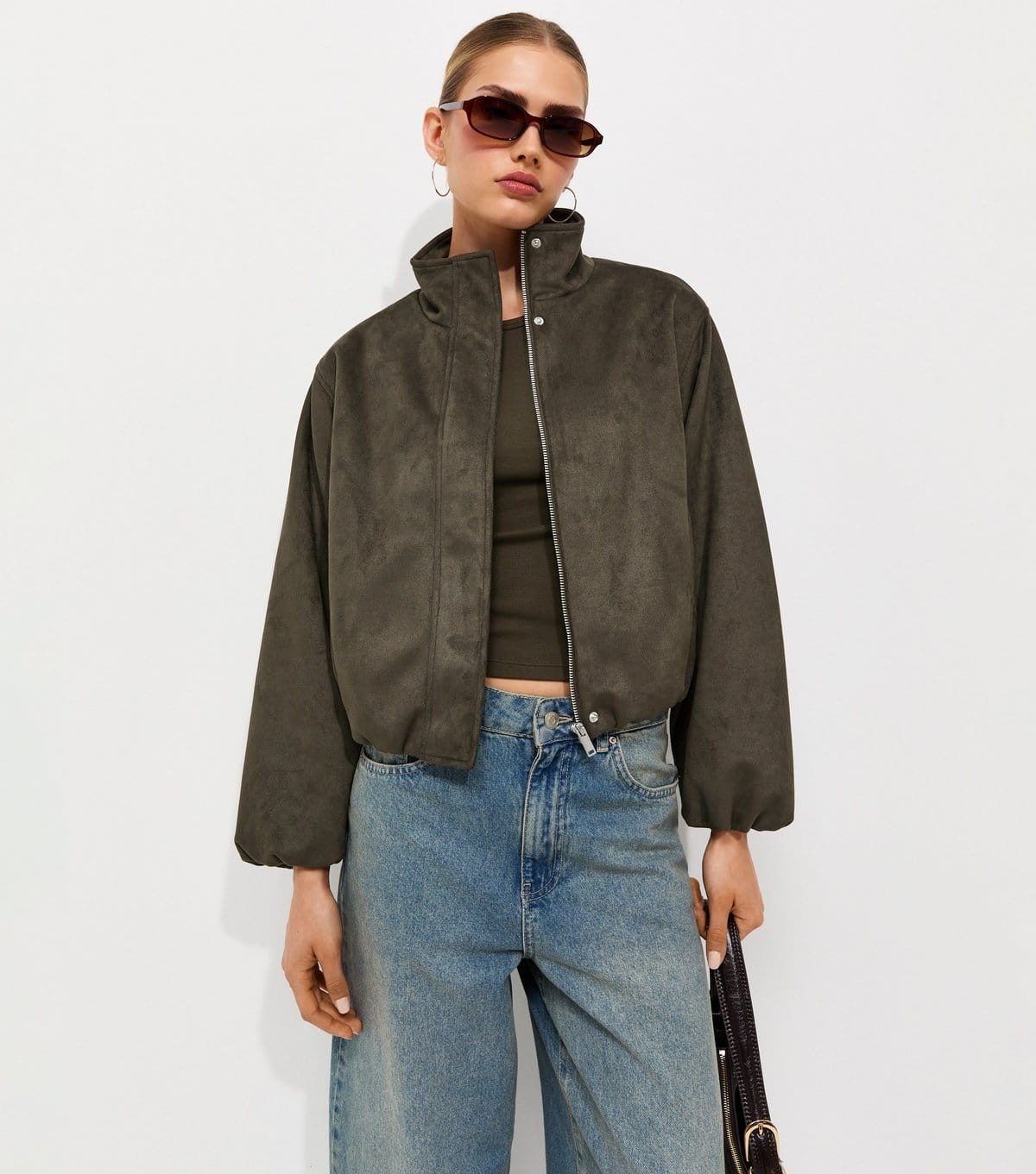New Look Dark Khaki Faux Suede Bubble Hem Jacket